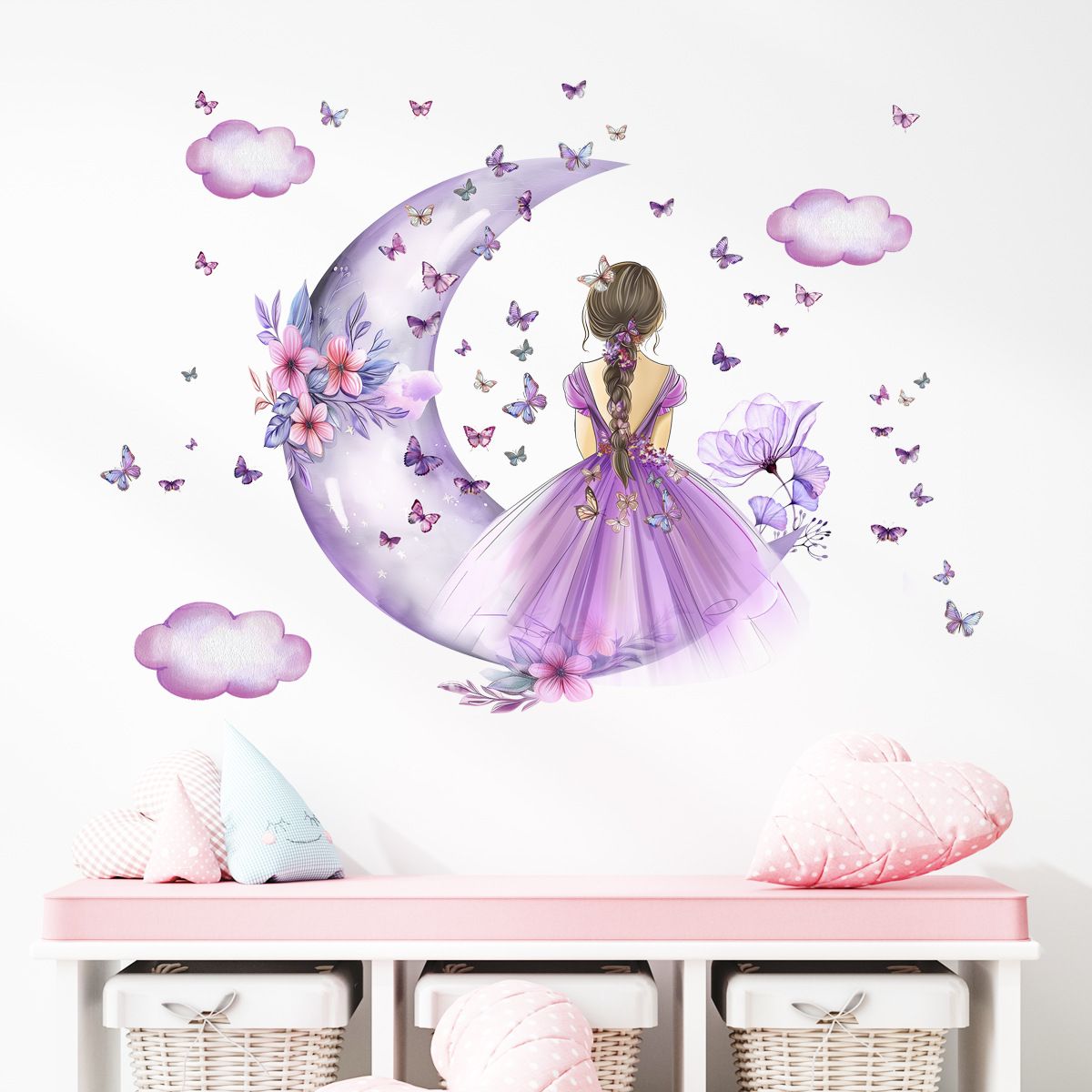 Girl Moon Butterflies Wall Stickers Kid Girls Room Bedroom Decoration Baby Nursery Home Decor Accessories Living Room Wall Decal