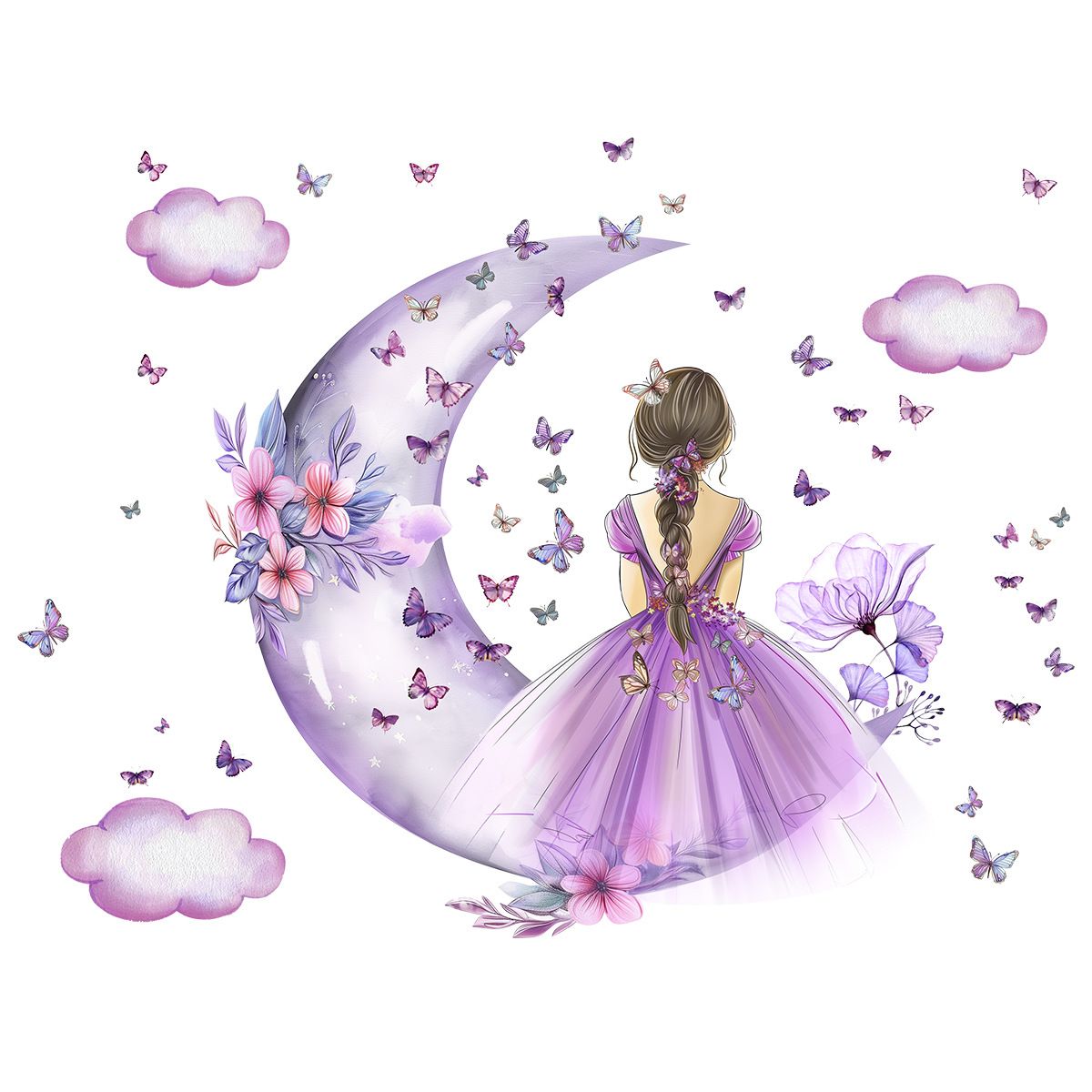 Girl Moon Butterflies Wall Stickers Kid Girls Room Bedroom Decoration Baby Nursery Home Decor Accessories Living Room Wall Decal