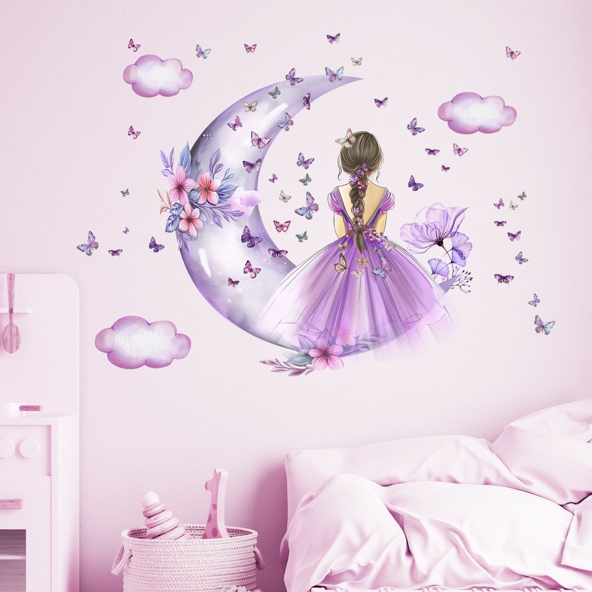 Girl Moon Butterflies Wall Stickers Kid Girls Room Bedroom Decoration Baby Nursery Home Decor Accessories Living Room Wall Decal