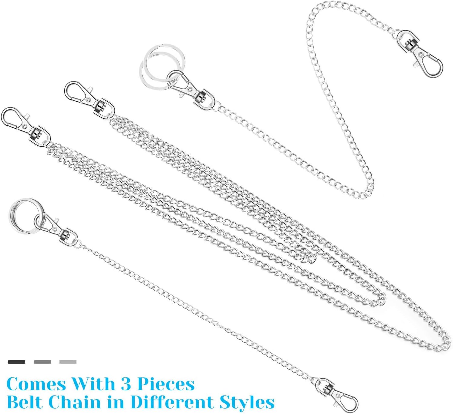 3pcs Belt Chain, Lady Silver Metal Chain Ring Waist Strap Decorate Belts  Pocket Chain, Chains for Wallet, Pants, Jeans, Goth Accessories for Eboy, girl, Men and Women