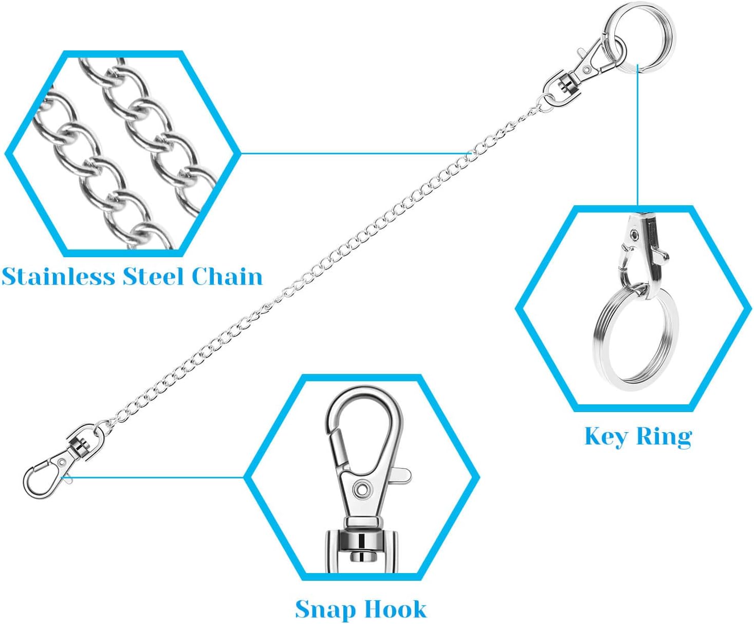 3pcs Belt Chain, Lady Silver Metal Chain Ring Waist Strap Decorate Belts  Pocket Chain, Chains for Wallet, Pants, Jeans, Goth Accessories for Eboy, girl, Men and Women