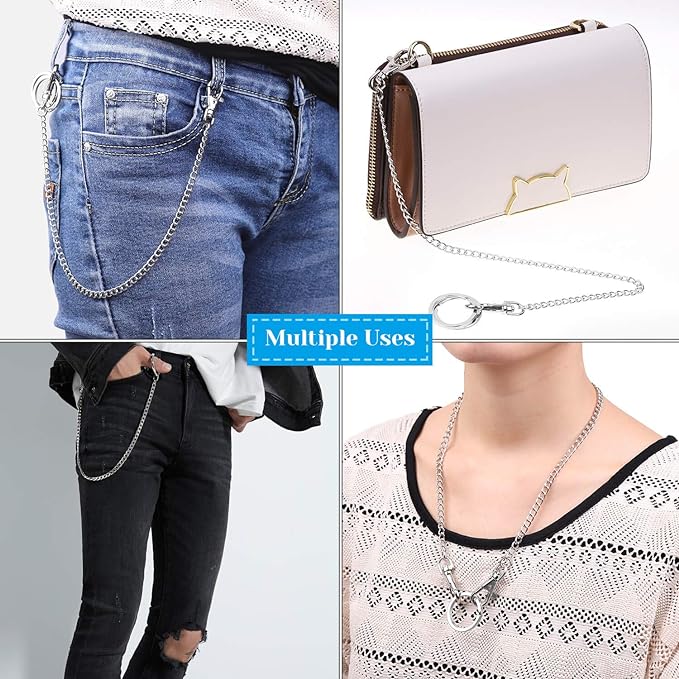 3pcs Belt Chain, Lady Silver Metal Chain Ring Waist Strap Decorate Belts  Pocket Chain, Chains for Wallet, Pants, Jeans, Goth Accessories for Eboy, girl, Men and Women