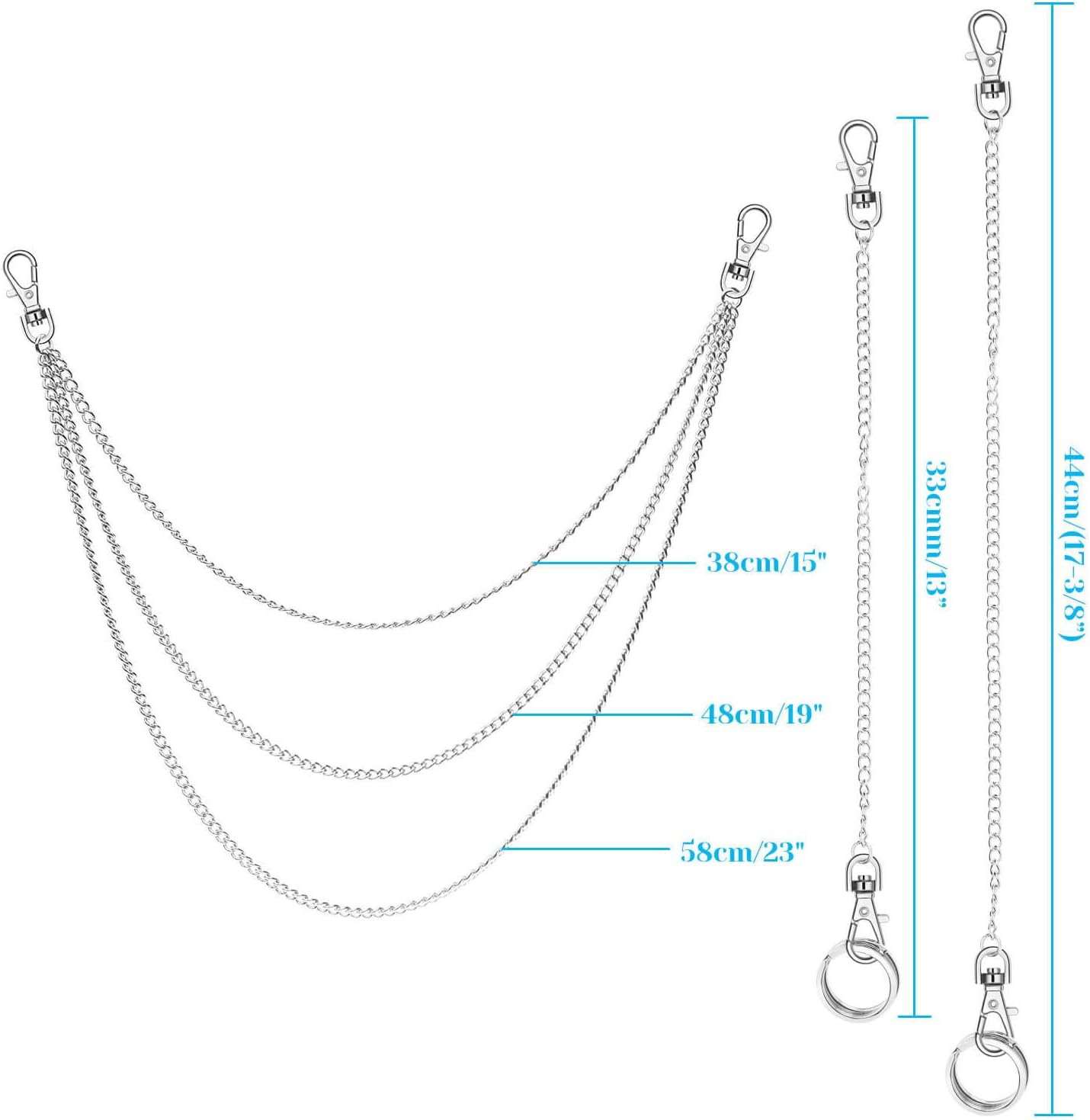 3pcs Belt Chain, Lady Silver Metal Chain Ring Waist Strap Decorate Belts  Pocket Chain, Chains for Wallet, Pants, Jeans, Goth Accessories for Eboy, girl, Men and Women