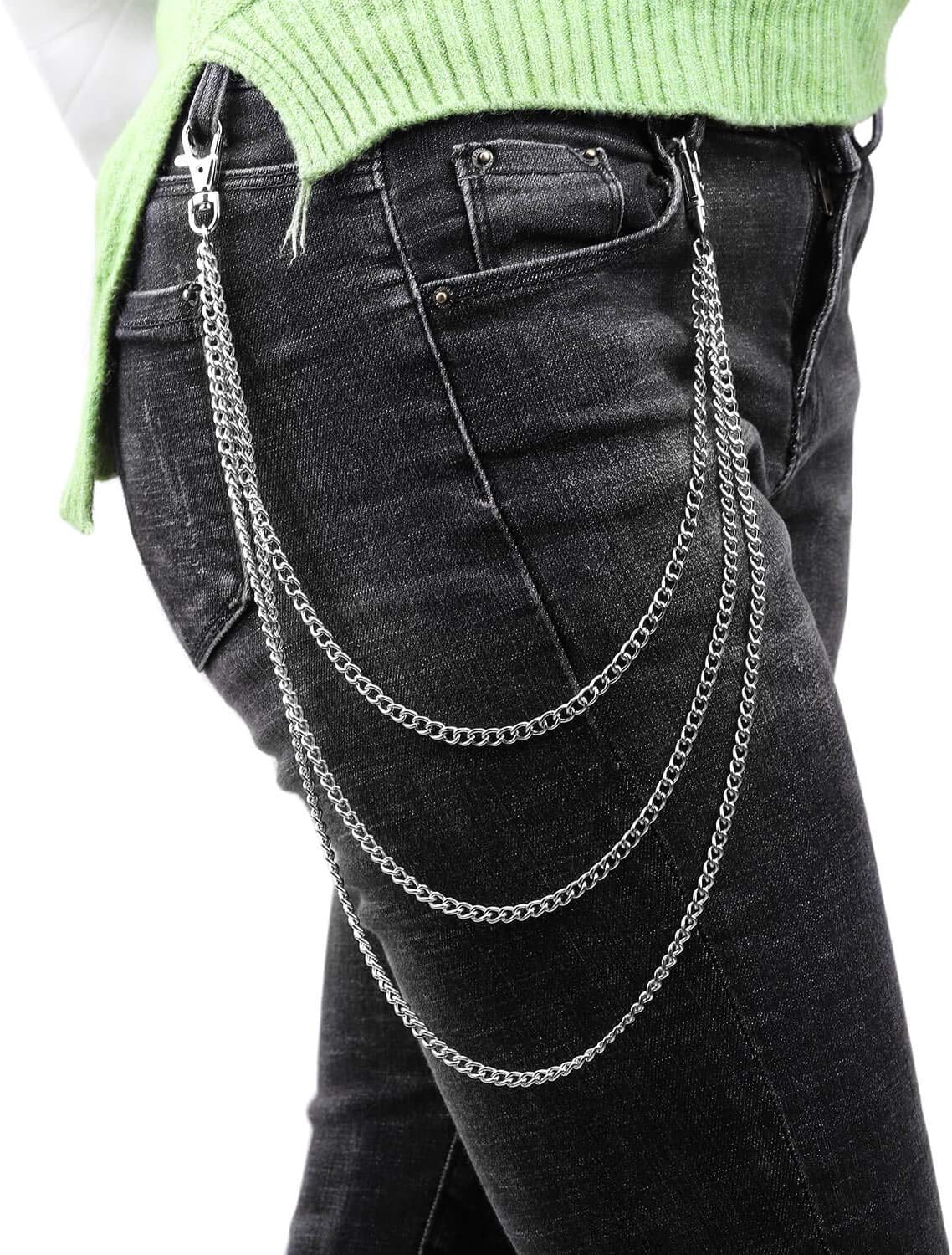 3pcs Belt Chain, Lady Silver Metal Chain Ring Waist Strap Decorate Belts  Pocket Chain, Chains for Wallet, Pants, Jeans, Goth Accessories for Eboy, girl, Men and Women