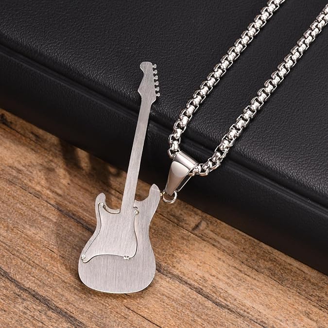  Guitar Pendant Necklace for Men-Stainless Steel Rock R&B Electric Guitar Bass Pendant Necklaces, Mens Guitar Chain Necklaces Cool Music Jewelry Gifts for Guitar Music Lovers