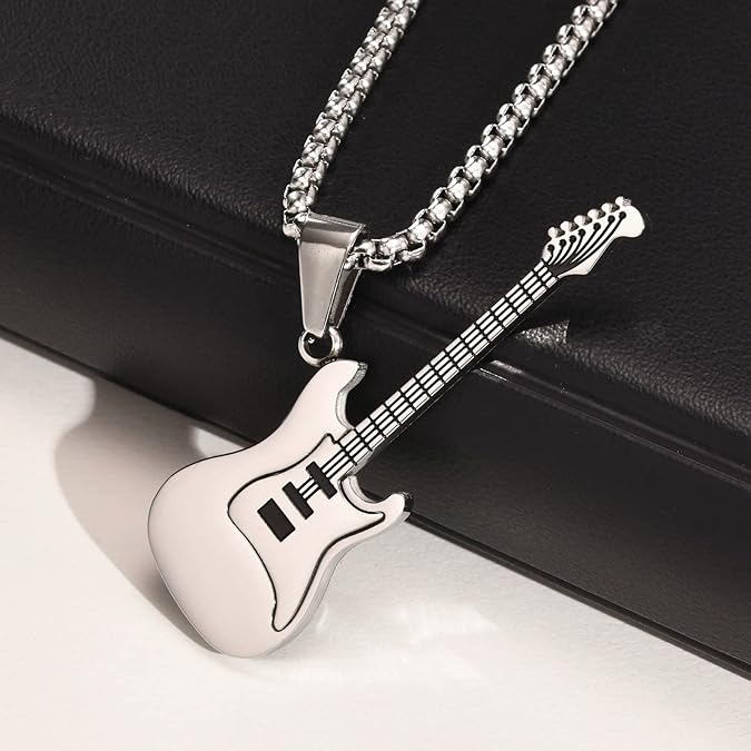  Guitar Pendant Necklace for Men-Stainless Steel Rock R&B Electric Guitar Bass Pendant Necklaces, Mens Guitar Chain Necklaces Cool Music Jewelry Gifts for Guitar Music Lovers