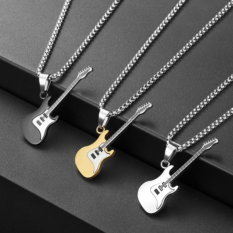  Guitar Pendant Necklace for Men-Stainless Steel Rock R&B Electric Guitar Bass Pendant Necklaces, Mens Guitar Chain Necklaces Cool Music Jewelry Gifts for Guitar Music Lovers