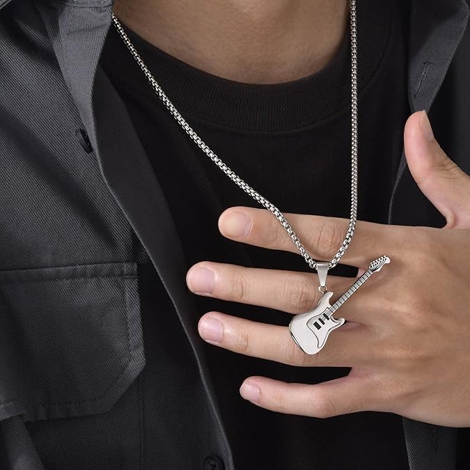  Guitar Pendant Necklace for Men-Stainless Steel Rock R&B Electric Guitar Bass Pendant Necklaces, Mens Guitar Chain Necklaces Cool Music Jewelry Gifts for Guitar Music Lovers