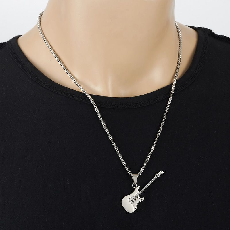  Guitar Pendant Necklace for Men-Stainless Steel Rock R&B Electric Guitar Bass Pendant Necklaces, Mens Guitar Chain Necklaces Cool Music Jewelry Gifts for Guitar Music Lovers
