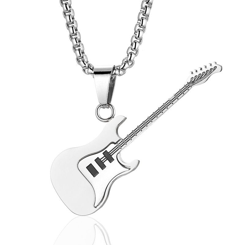  Guitar Pendant Necklace for Men-Stainless Steel Rock R&B Electric Guitar Bass Pendant Necklaces, Mens Guitar Chain Necklaces Cool Music Jewelry Gifts for Guitar Music Lovers