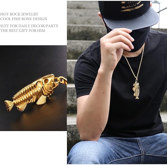 Fashion Pendant Animal Necklace Jewelry with Stainless Steel/Gold/Black Personalized Punk Necklace with 22"" Chain for Men Boys Gifts-Fish Men's Jewelry Accessories