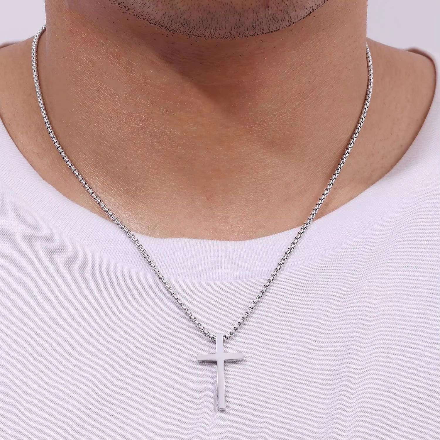 Cross Necklace for Men, Silver Mens Cross Necklaces with 2.5mm Cross Chain and Stainless Steel Cross Pendant, Box Chain