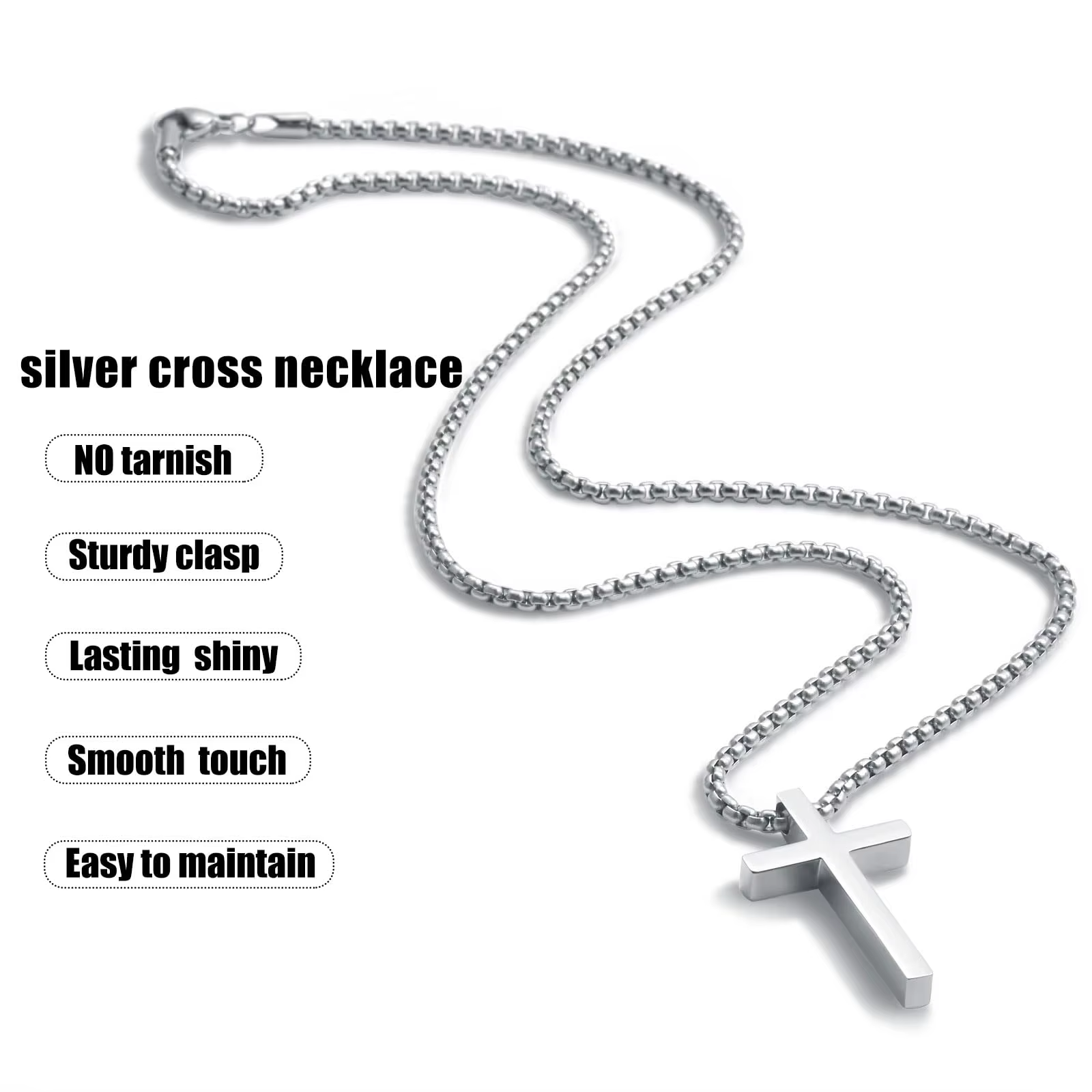 Cross Necklace for Men, Silver Mens Cross Necklaces with 2.5mm Cross Chain and Stainless Steel Cross Pendant, Box Chain