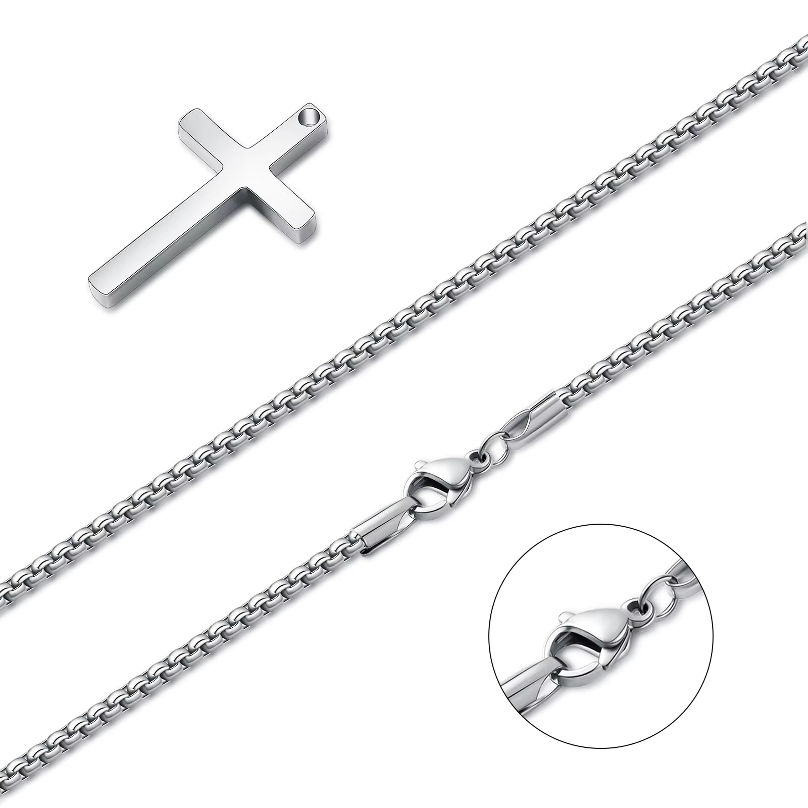 Cross Necklace for Men, Silver Mens Cross Necklaces with 2.5mm Cross Chain and Stainless Steel Cross Pendant, Box Chain