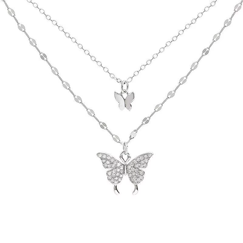 1PCS Double Layer Clavicle Chain Cool Neck Chains Fashion Shiny Butterfly Necklace Ladies Exquisite for Women Girl Jewelry Gift
