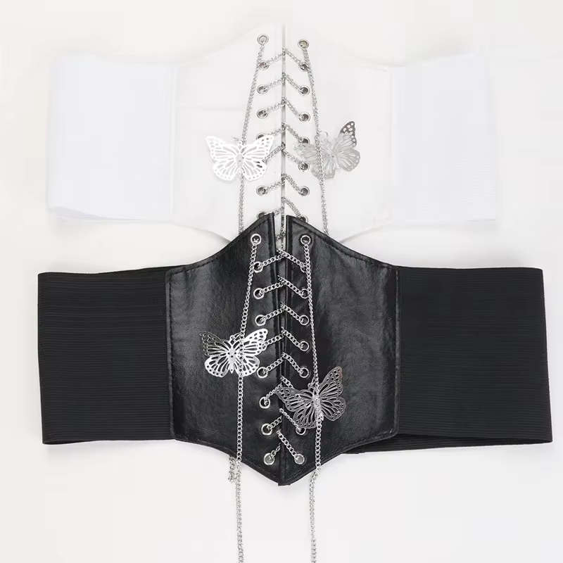 Women's Elastic Binding Waistband Butterfly Chain Wide Corset Belt Female Dress Cummerbunds Clothes Accessories