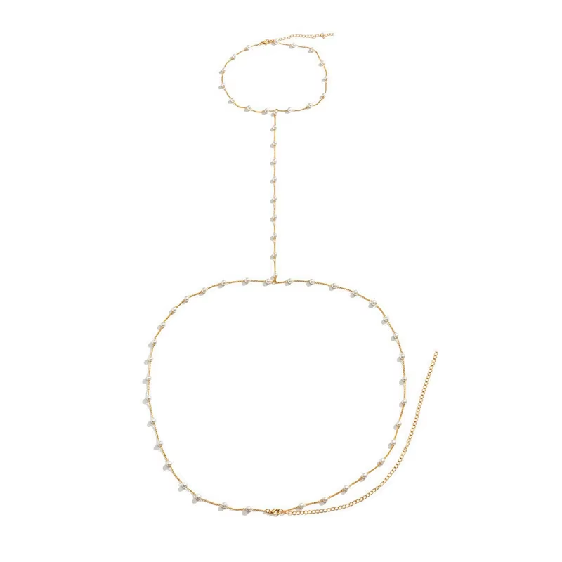 Simple Imitation Pearl Beaded Cross Bikini Chest Chains Women Sexy Summer Beach Waist Belly Chains Body Jewelry
