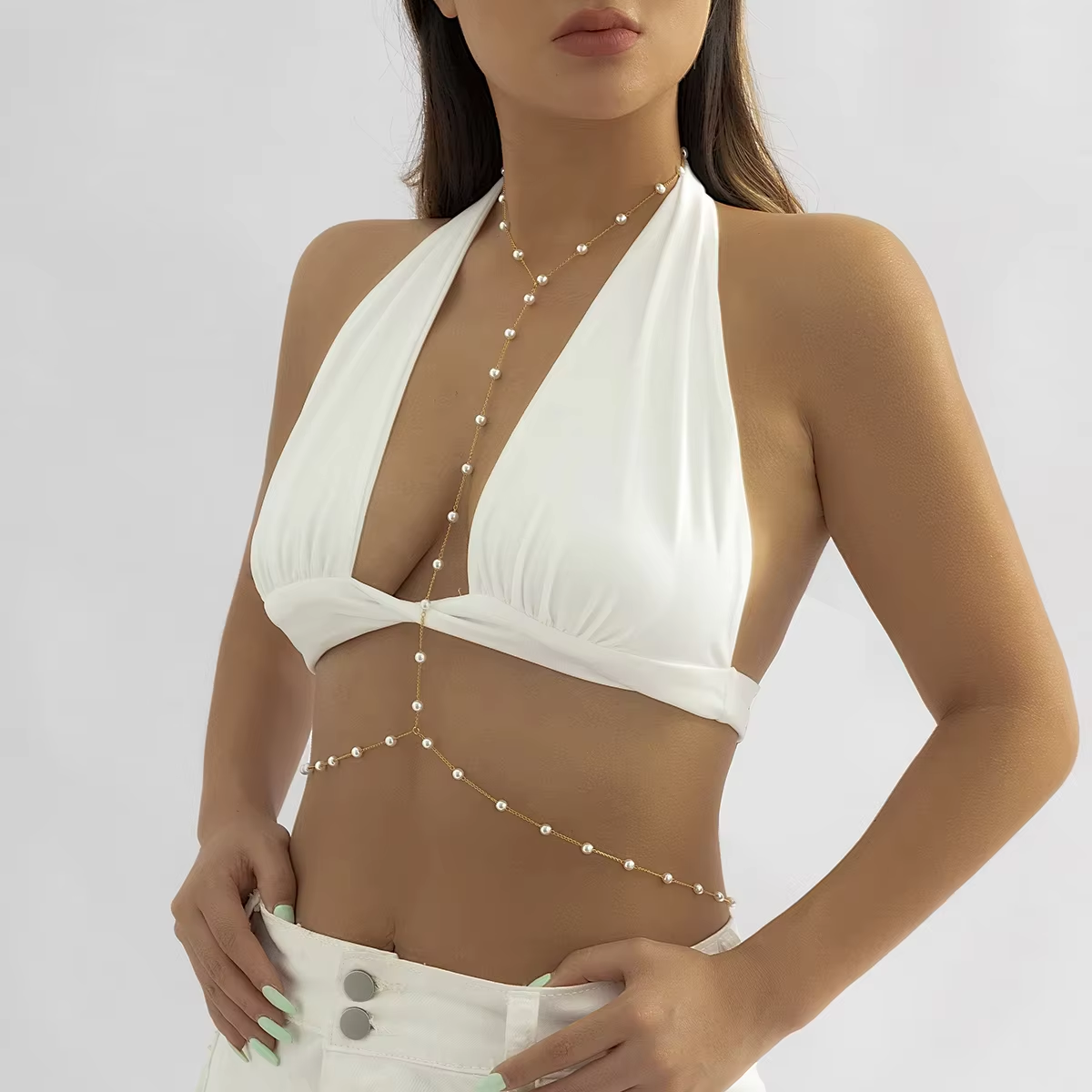 Simple Imitation Pearl Beaded Cross Bikini Chest Chains Women Sexy Summer Beach Waist Belly Chains Body Jewelry