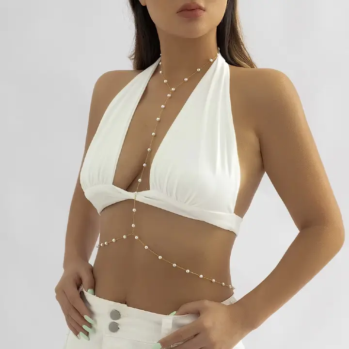 Simple Imitation Pearl Beaded Cross Bikini Chest Chains Women Sexy Summer Beach Waist Belly Chains Body Jewelry