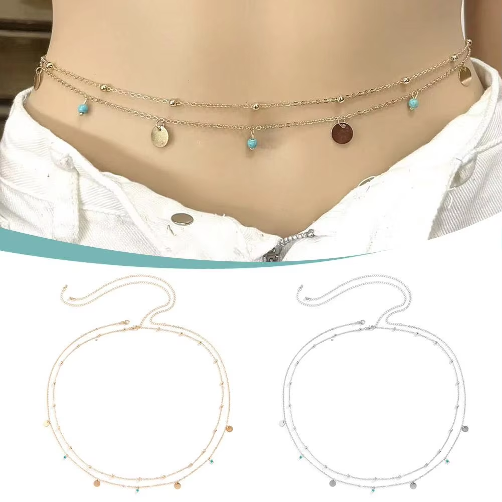 Summer Beach Bikini Waist Chain For Women Girls Double Layer Boho Sequins Disc Beads Waist Belly Chain Sexy Body Chain Jewelry