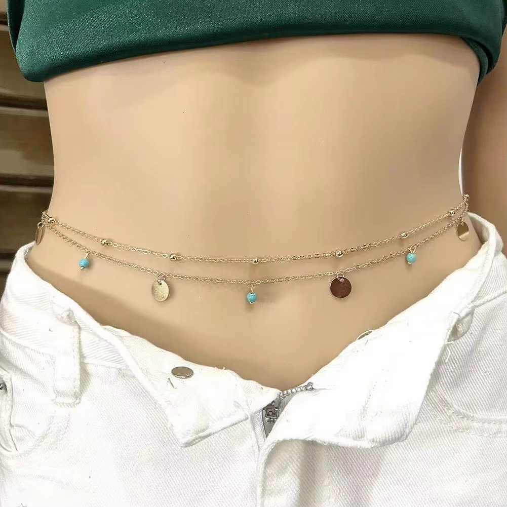 Summer Beach Bikini Waist Chain For Women Girls Double Layer Boho Sequins Disc Beads Waist Belly Chain Sexy Body Chain Jewelry
