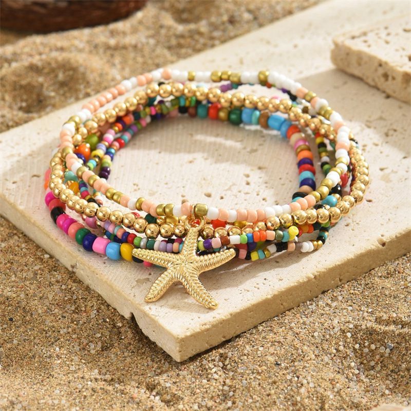 Colorful Starfish Pendant Rice Beads Beaded Anklet for Women Summer Fashion Multi-layer Bracelet Anklet Bohemian Leg Jewelry