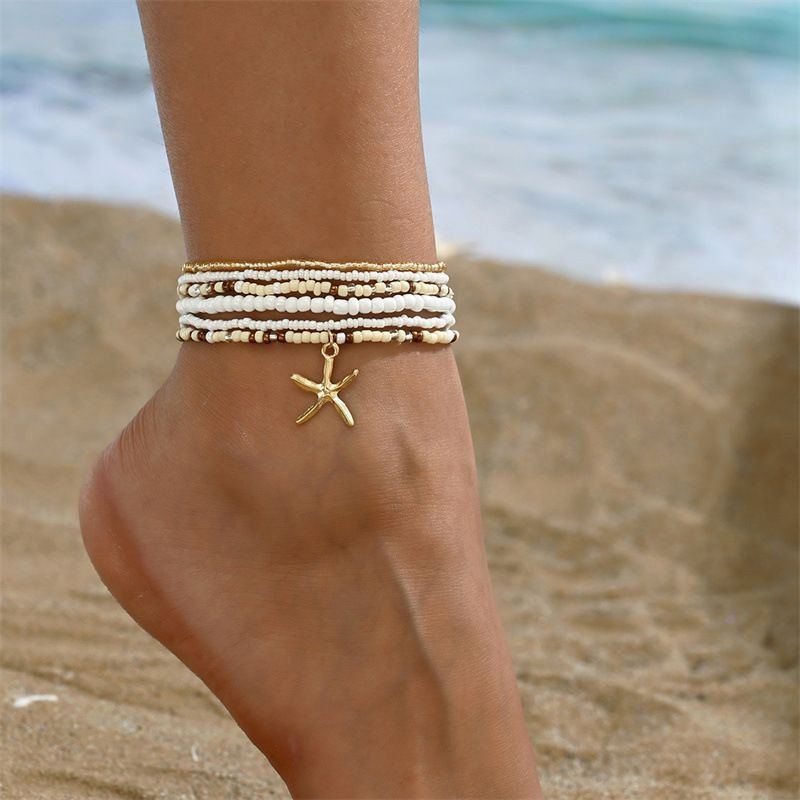 Colorful Starfish Pendant Rice Beads Beaded Anklet for Women Summer Fashion Multi-layer Bracelet Anklet Bohemian Leg Jewelry