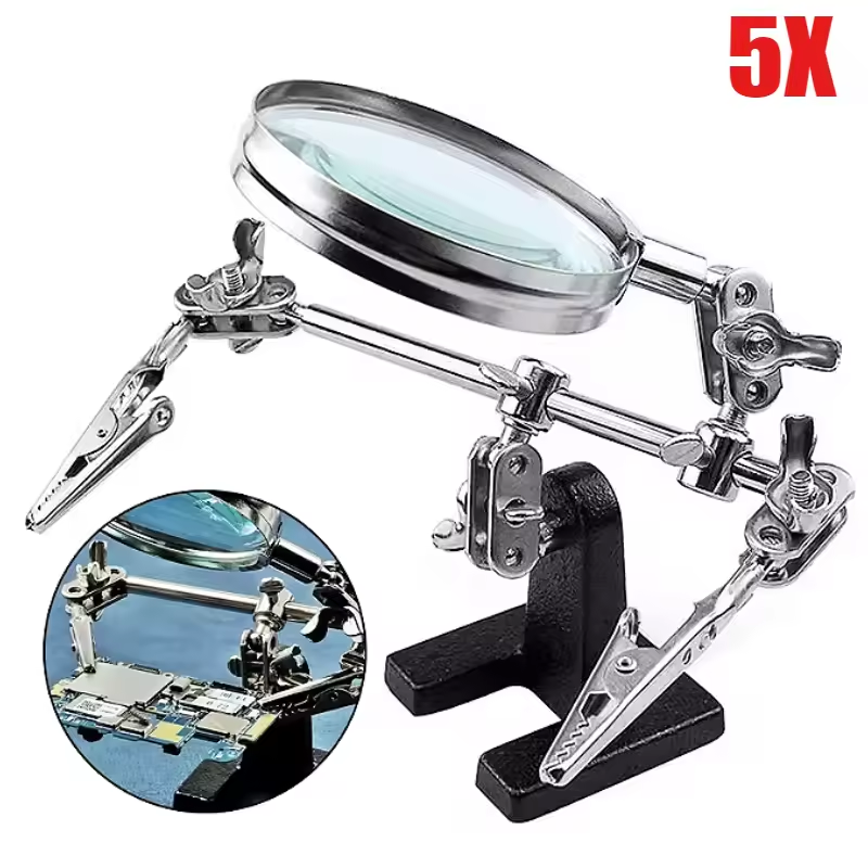 Third Hand 5X Magnifying Glass Stand For Electronic Works Jeweler Watch Repair Welding Soldering Magnifier With Dual Clips