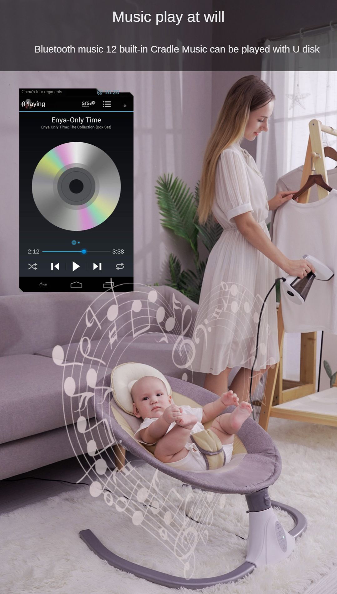 Electric Smart Baby Electric Rocking Chair Baby Swing Cradle w/ Bluetooth Music-Grey/Blue/Pink  Multicolor  ( From Newborn To 2 Years)                                   .
