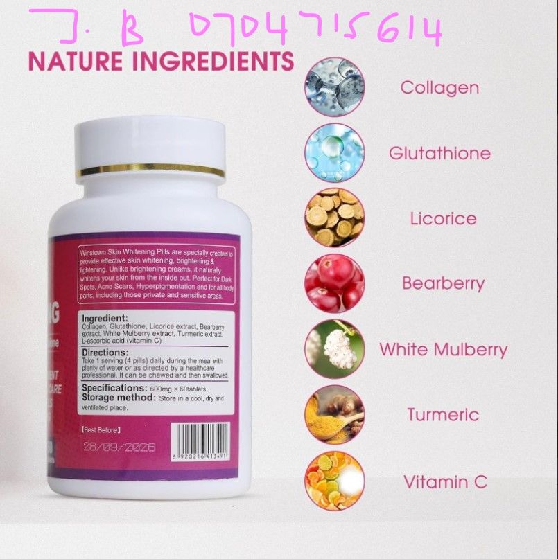 Skin Whitening by Winstown 60 Pills.8000MG GLUTATHIONE – Packed with Glutathione, one of the most powerful antioxidants, helps maintain young looking and smooth wrinkle free skin