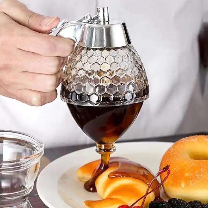 Acrylic Kitchen Honey Storage Dispenser | Honey Drain Container Anti-drip Beehoney Jar | No Drip Sugar syrup Pourer Bottle Bee Drip Kitchen Accessories