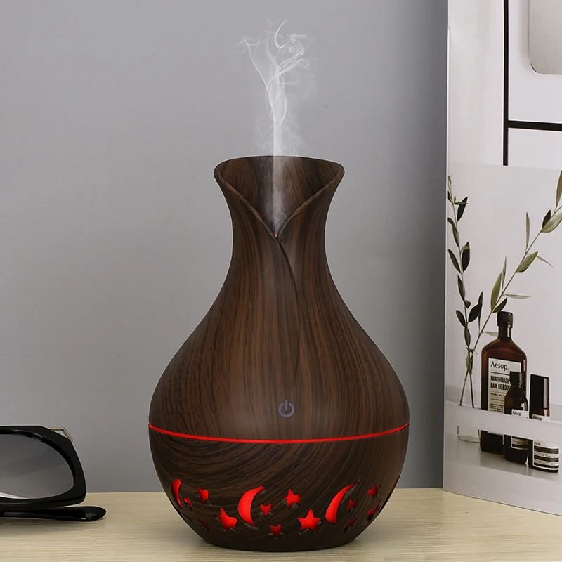 Ultrasonic Wooden Aromatherapy USB Humidifier Essential Oil Diffuser with LED Light Display Moon & Star Design