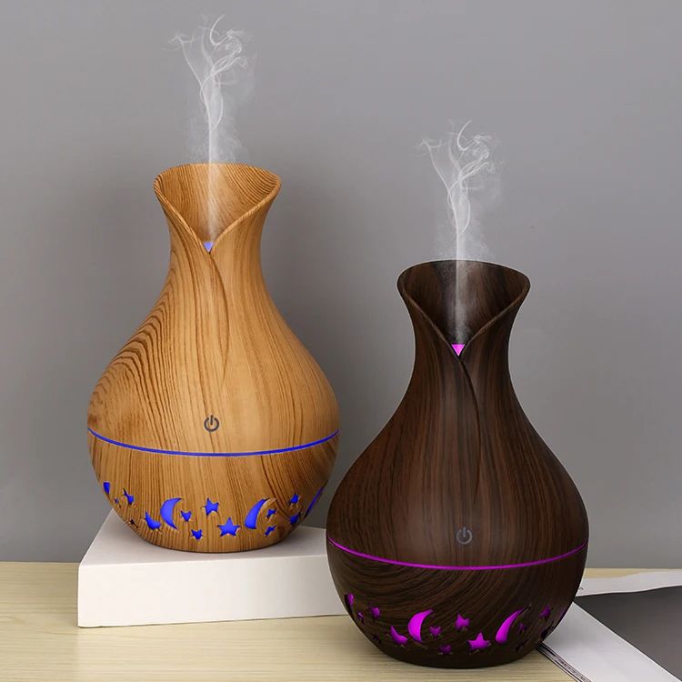 Ultrasonic Wooden Aromatherapy USB Humidifier Essential Oil Diffuser with LED Light Display Moon & Star Design