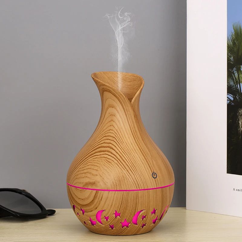 Ultrasonic Wooden Aromatherapy USB Humidifier Essential Oil Diffuser with LED Light Display Moon & Star Design