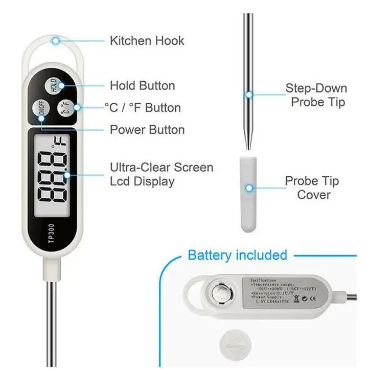 Instant-Read Digital Probe Meat Thermometer - Precise Food Temperature Gauge for Grilling, Cooking, and Baking - Stainless Steel Long Probe, Backlit Display Accurate and Fast Readings