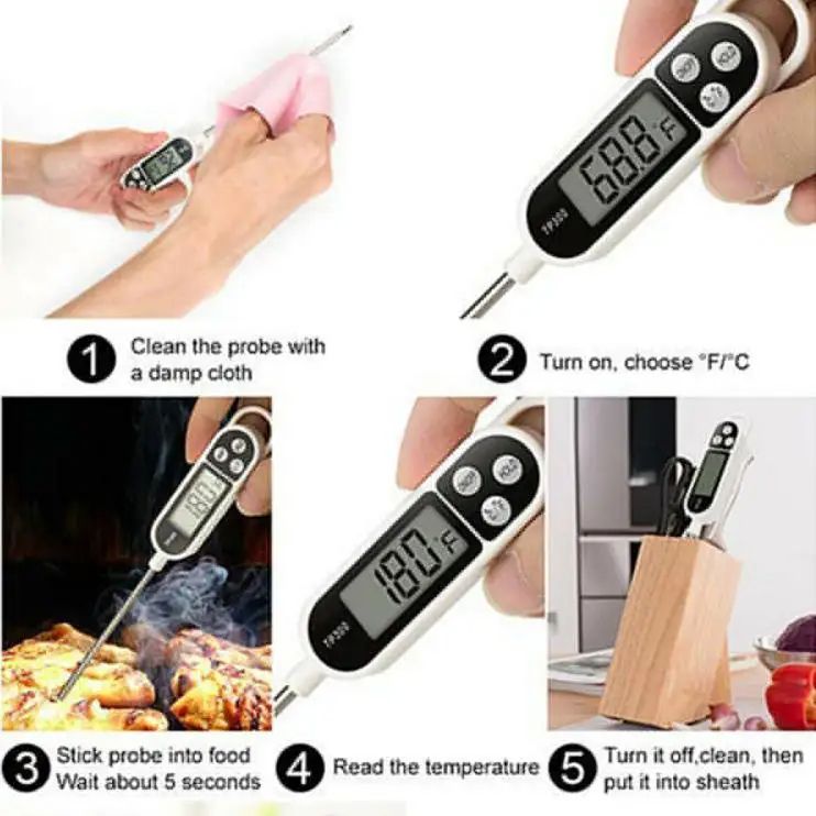 Instant-Read Digital Probe Meat Thermometer - Precise Food Temperature Gauge for Grilling, Cooking, and Baking - Stainless Steel Long Probe, Backlit Display Accurate and Fast Readings
