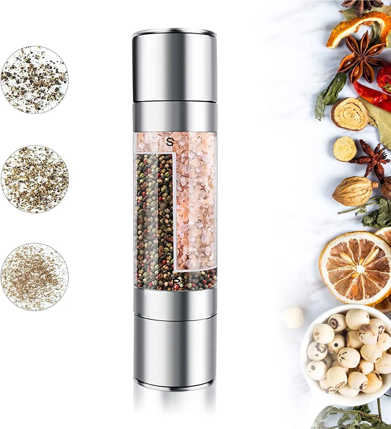 Stainless Steel Double-Layer Manual Grinding Salt & Pepper Grinder with adjustable Coarse Levels, Salt Shaker, Black Pepper Grinder, Salt Container, Spice Grinder