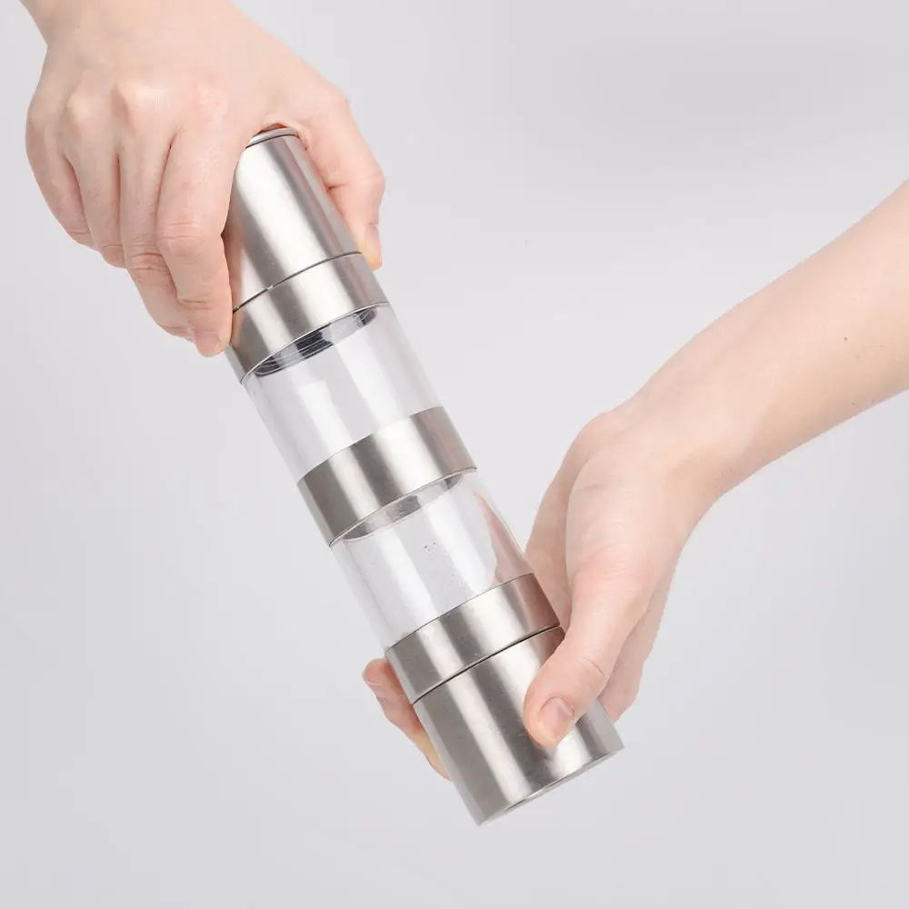 Stainless Steel Double-Layer Manual Grinding Salt & Pepper Grinder with adjustable Coarse Levels, Salt Shaker, Black Pepper Grinder, Salt Container, Spice Grinder