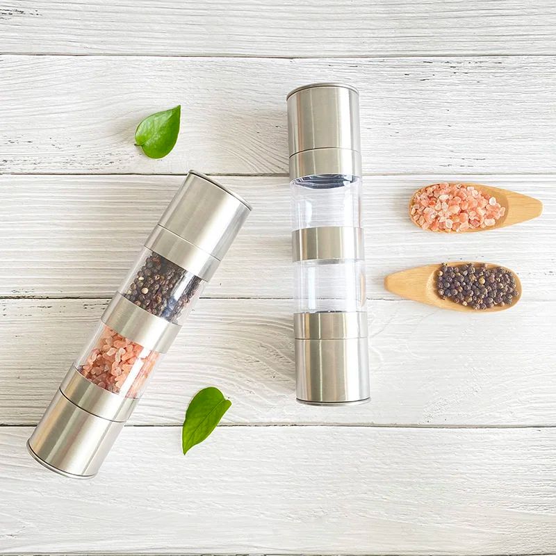 Stainless Steel Double-Layer Manual Grinding Salt & Pepper Grinder with adjustable Coarse Levels, Salt Shaker, Black Pepper Grinder, Salt Container, Spice Grinder