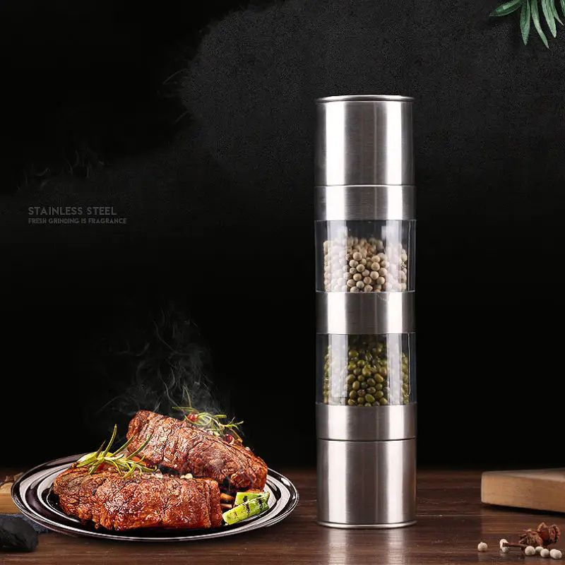 Stainless Steel Double-Layer Manual Grinding Salt & Pepper Grinder with adjustable Coarse Levels, Salt Shaker, Black Pepper Grinder, Salt Container, Spice Grinder