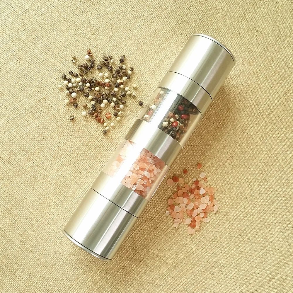Stainless Steel Double-Layer Manual Grinding Salt & Pepper Grinder with adjustable Coarse Levels, Salt Shaker, Black Pepper Grinder, Salt Container, Spice Grinder