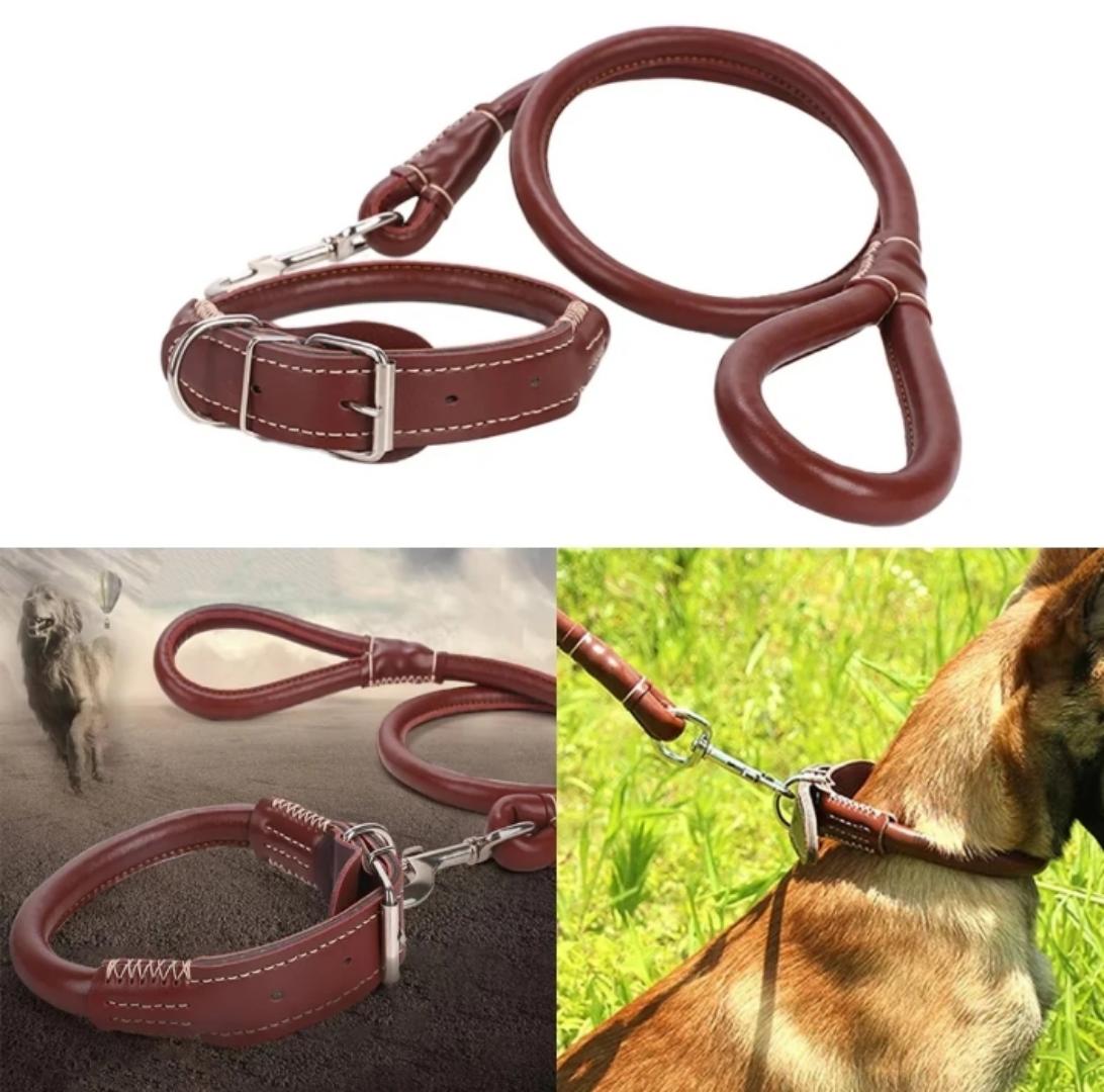 Complete set Easy grip rolled up PU leather dog collar and leash Set Pet High Quality Dog Harness And Leash e Layer