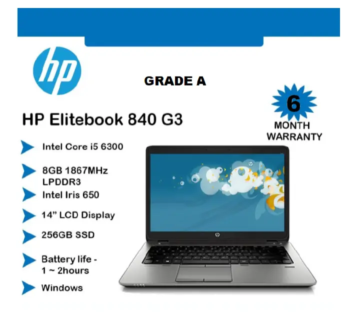 A VERY POWERFUL MACHINE ,VERY SLEEK AND EASILY PORTABLE HP ELITEBOOK 840G3 6TH GENERATION INTEL COi5 WITH 8GB RAM MEMORY 256GB SSD 14 INCHES SILVER COLOR