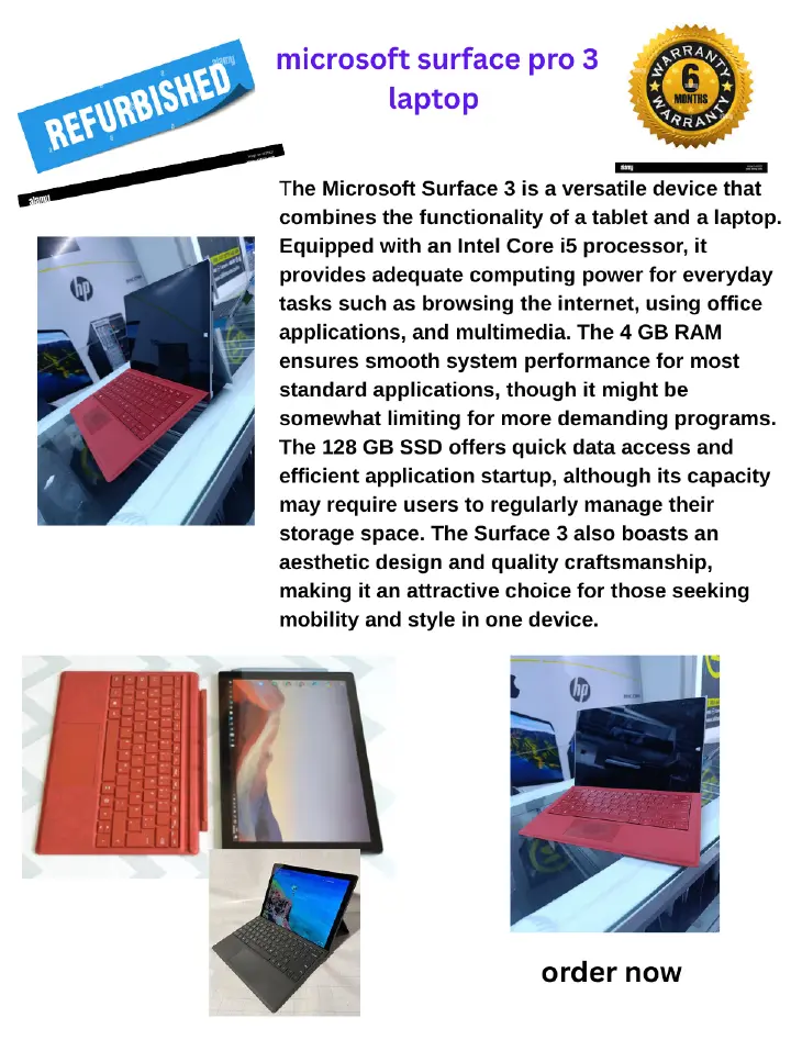 MICROSOFT Surface Pro 3 intel core i5 4gb ram memory 128gb ssd  4TH Generation Touch screen and Detachable laptop