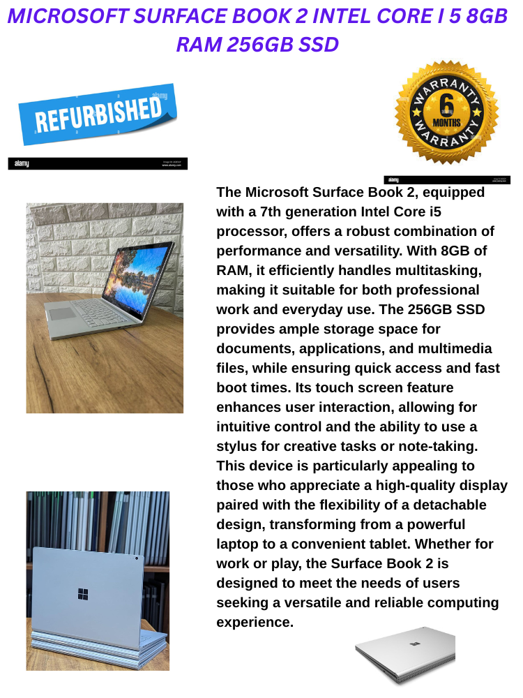 REFURBISHED MICROSOFT SURFACE BOOK 2 INTEL CORE I5 7TH GENERATION 8GB RAM MEMORY 256GB SSD SILVER COLOR TOUCHSCREEN AND DETACHABLE