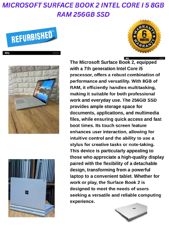 REFURBISHED MICROSOFT SURFACE BOOK 2 INTEL CORE I5 7TH GENERATION 8GB RAM MEMORY 256GB SSD SILVER COLOR TOUCHSCREEN AND DETACHABLE