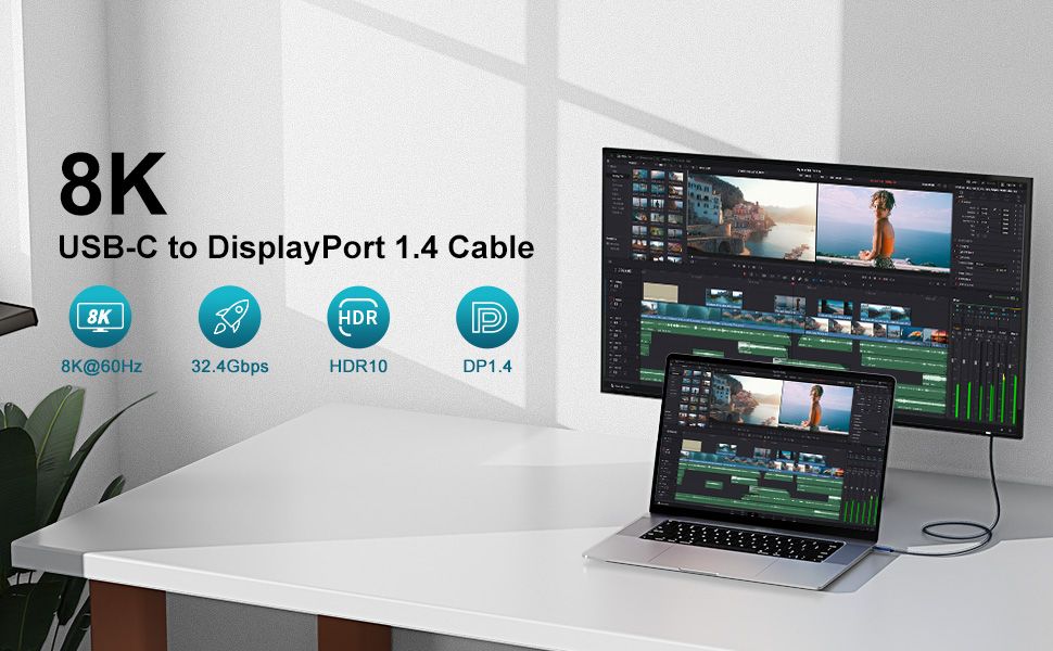 USB C to DisplayPort 1.4 Cable 6ft, (Support 8K 60Hz, 4K 144Hz, 2K 240Hz), Thunderbolt 3/4 to DP Cord Compatible with MacBook Pro, Mac Mini, XPS, iPad, iPhone 15