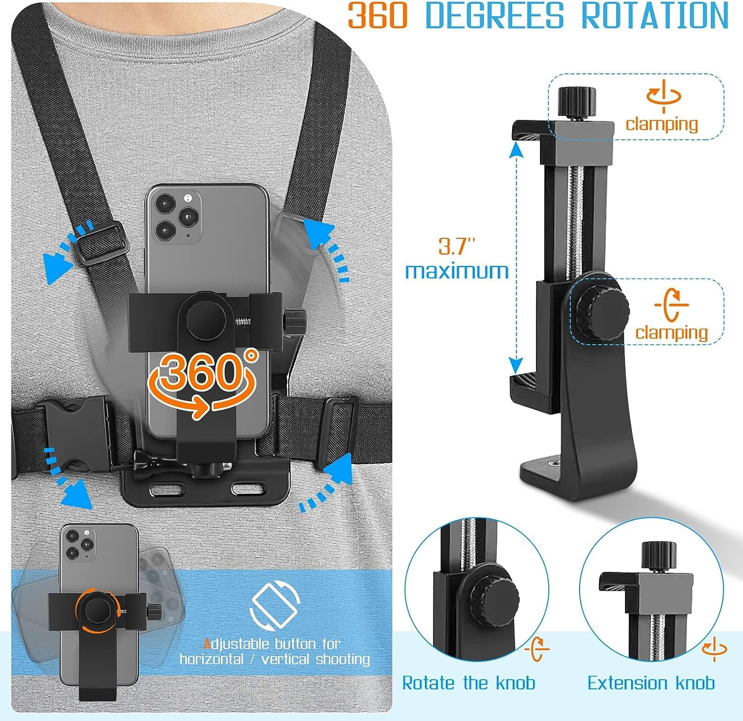 Mobile Phone Chest Mount Harness Strap Cell Phone Holder Mount for Video Recording Bike/Kayak/Fishing/Skateboard POV/VLOG for DJI GOPRO/SUPTig Action Camera