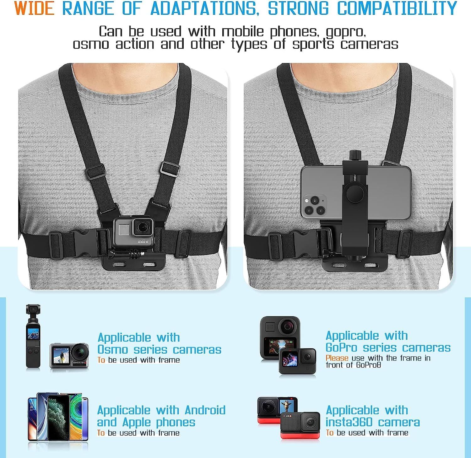 Mobile Phone Chest Mount Harness Strap Cell Phone Holder Mount for Video Recording Bike/Kayak/Fishing/Skateboard POV/VLOG for DJI GOPRO/SUPTig Action Camera