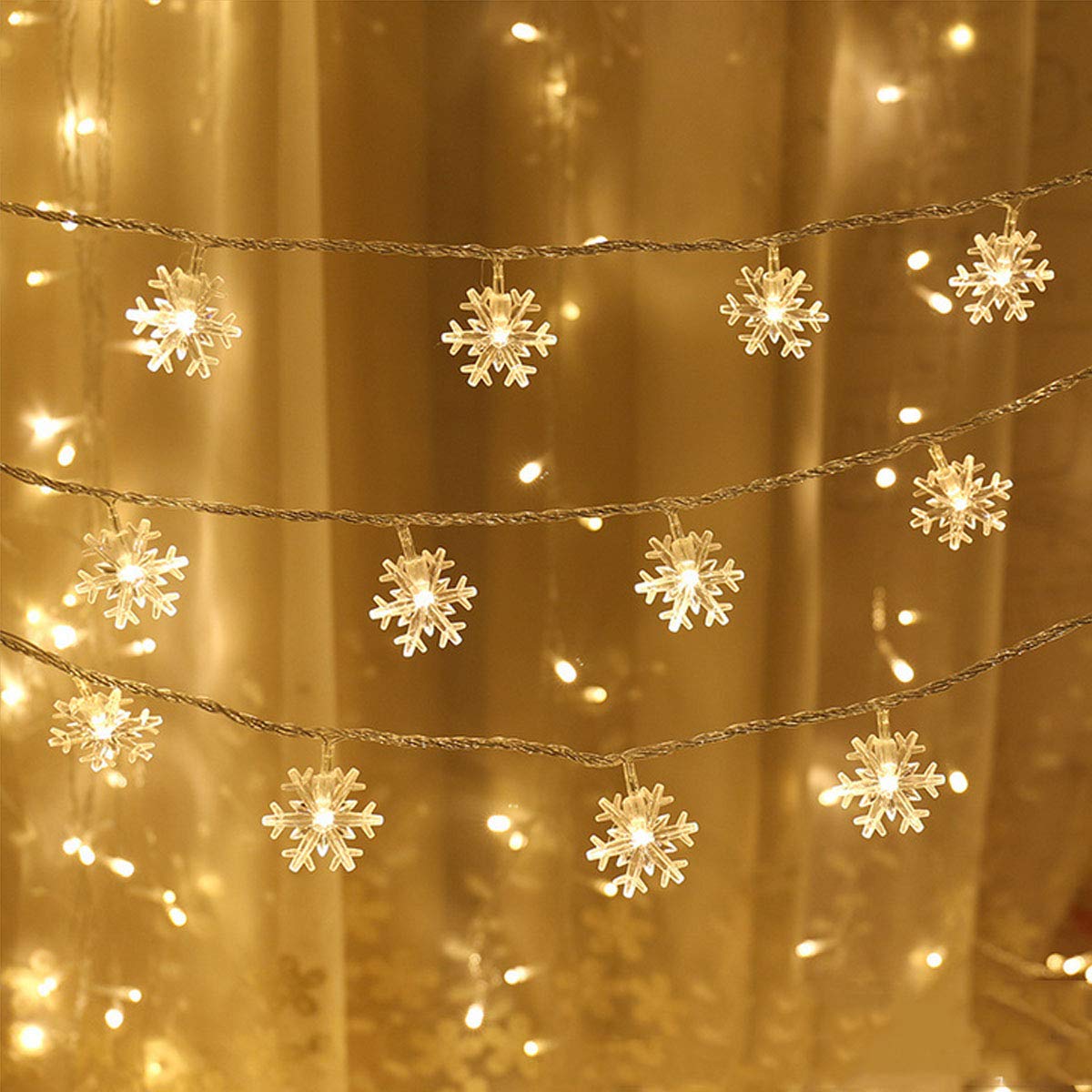 Snowflake Lights, 1.5m to 10m,10 to 80 LED Christmas/Festival Twinkle Snowflake String Lights,Battery Operated, 8 Modes Twinkle Light Waterproof for Outdoor Indoor Tree Room Decor, Warm White 1025